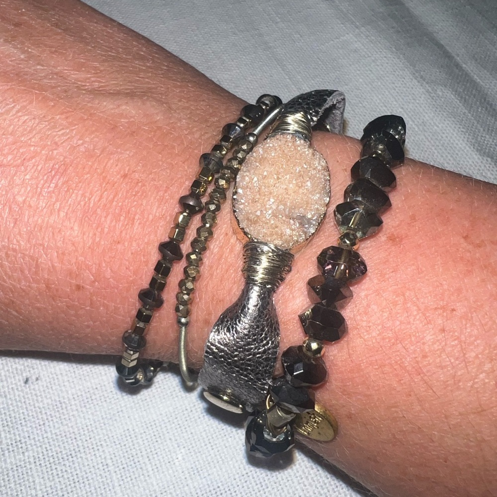 Silver and Black Beaded Ermish Bracelet Set with leather band druzy stone